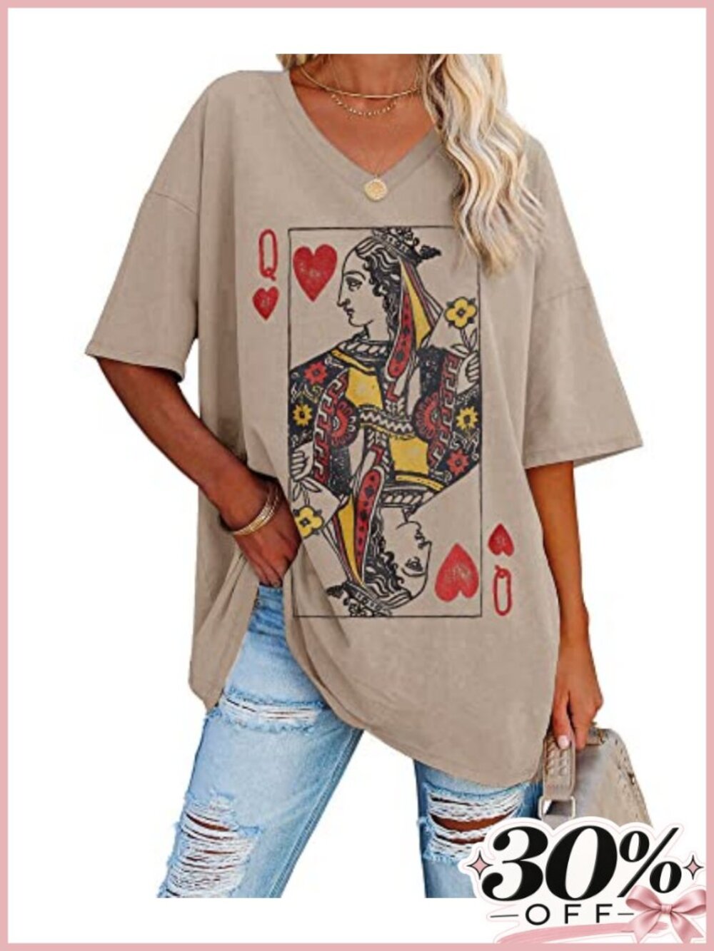 Oversized Queen of Hearts Graphic Tee V-Neck Tunic Blouse Cotton Top